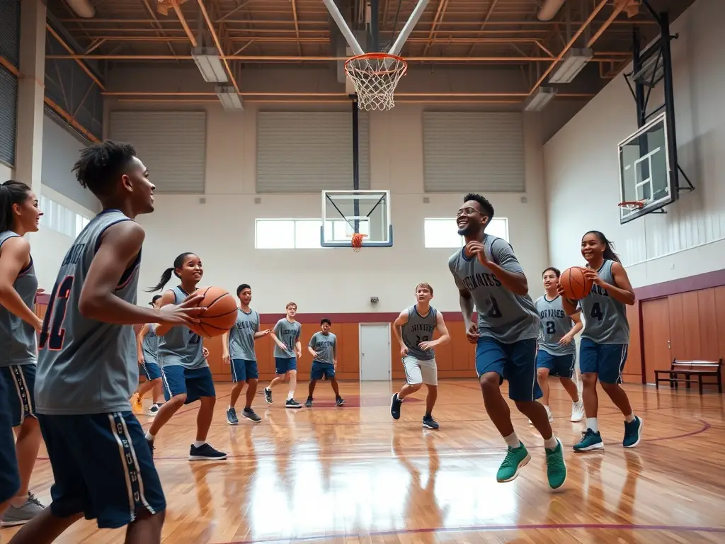 A group of diverse students joyfully playing basketball in a school gymnasium, showcasing teamwork and sportsmanship.