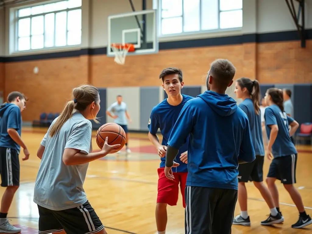 A dynamic image of students playing basketball in a school gymnasium, showcasing teamwork and sportsmanship.