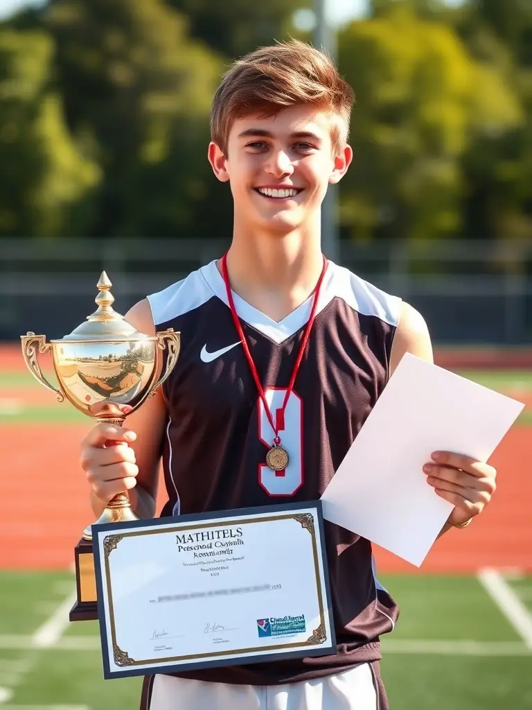 A student athlete smiling confidently while receiving an award for sportsmanship at a UNSS event, highlighting personal development.