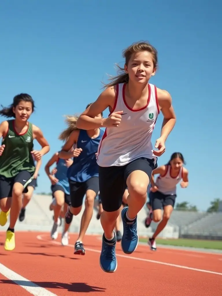 Students engaged in a track and field event, running on a track with determination, showcasing speed and endurance.