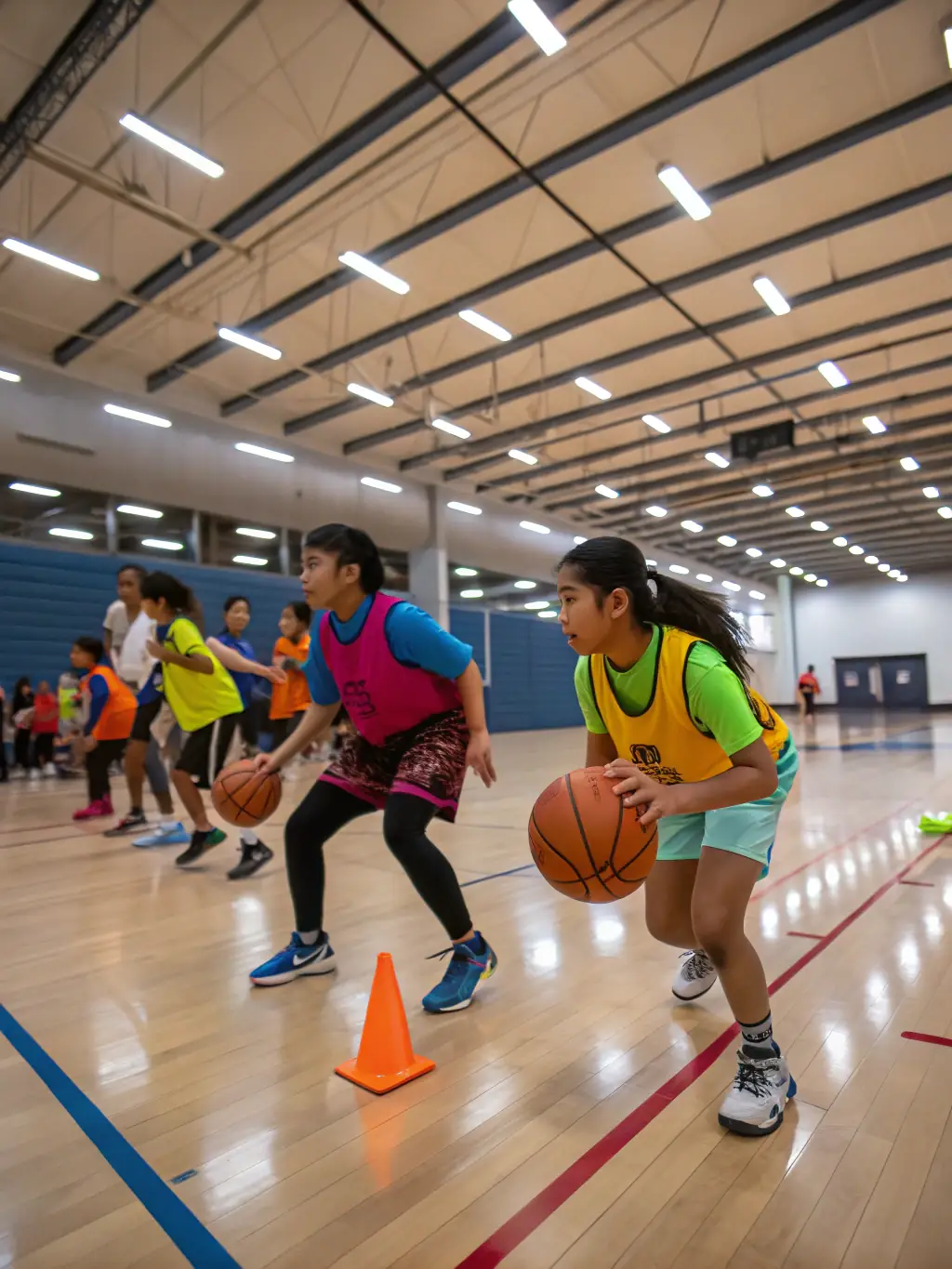 A group of students participating in a basketball training session indoors, focusing on teamwork and skill development, with a coach providing guidance.