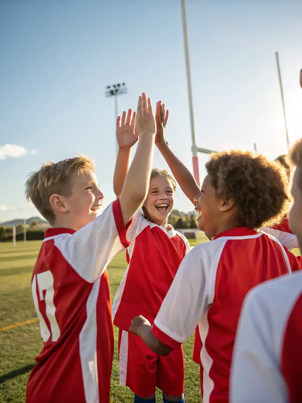A group of students laughing and high-fiving after a successful sports drill, showcasing teamwork and camaraderie in a UNSS program.