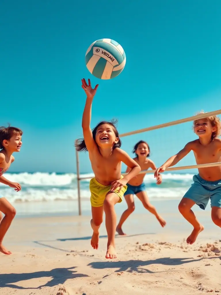 A group of students engaged in a volleyball match, demonstrating coordination, communication, and enthusiasm.