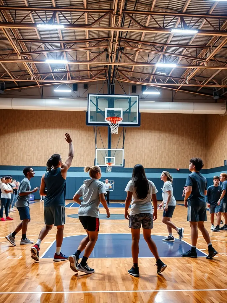 A vibrant image of students participating in a basketball game during a UNSS event, showcasing teamwork and sportsmanship.