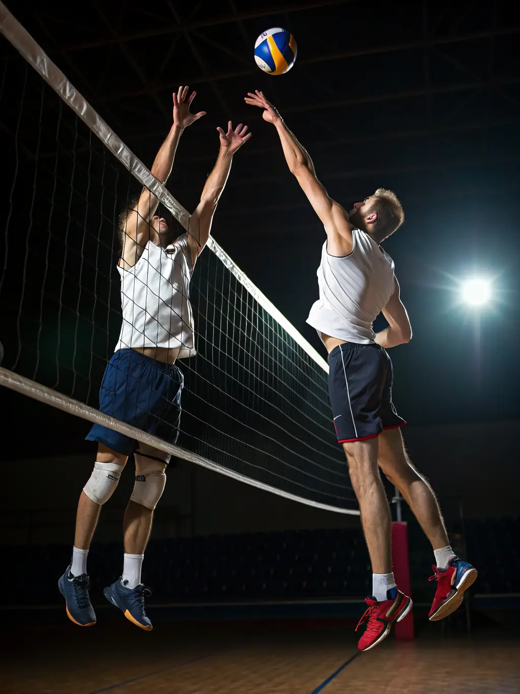 A volleyball team practicing serves and spikes in a gymnasium, emphasizing coordination and communication among players.