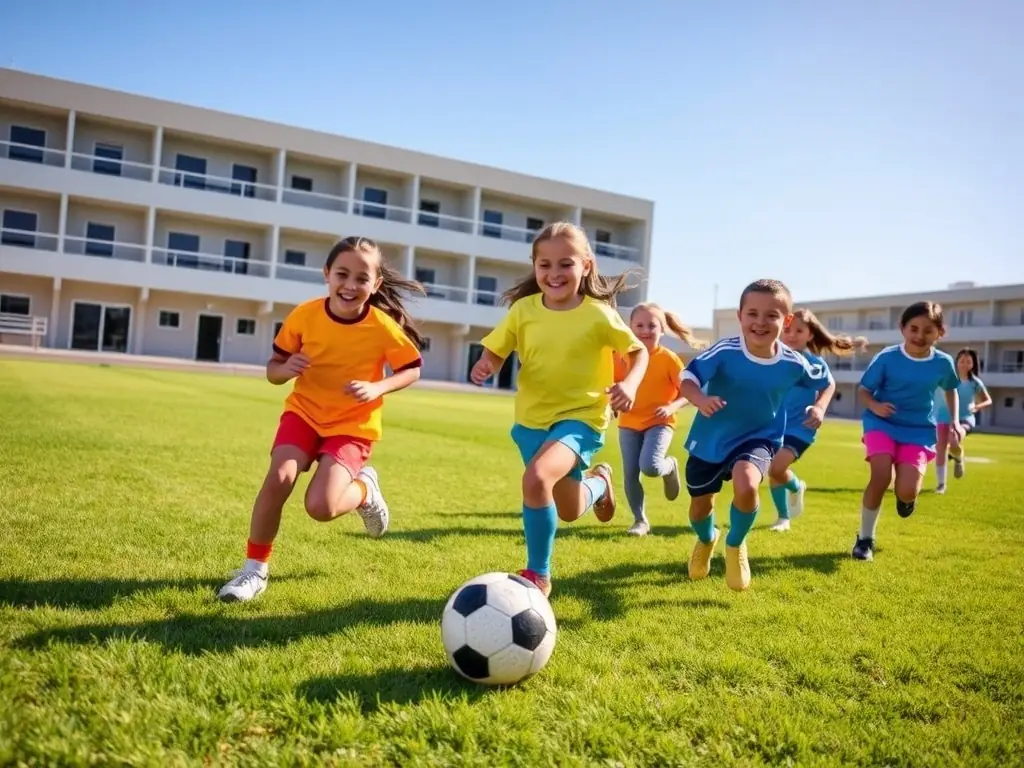 A group of students participating in a soccer match, demonstrating teamwork and strategic play on a well-maintained field.