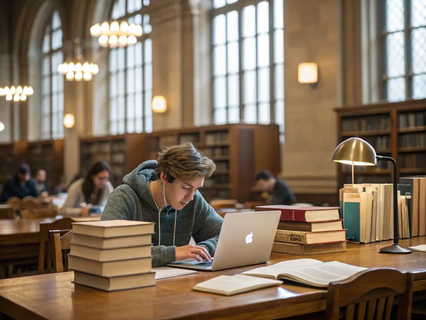 A student athlete studying diligently in a library, demonstrating the balance between academics and sports.