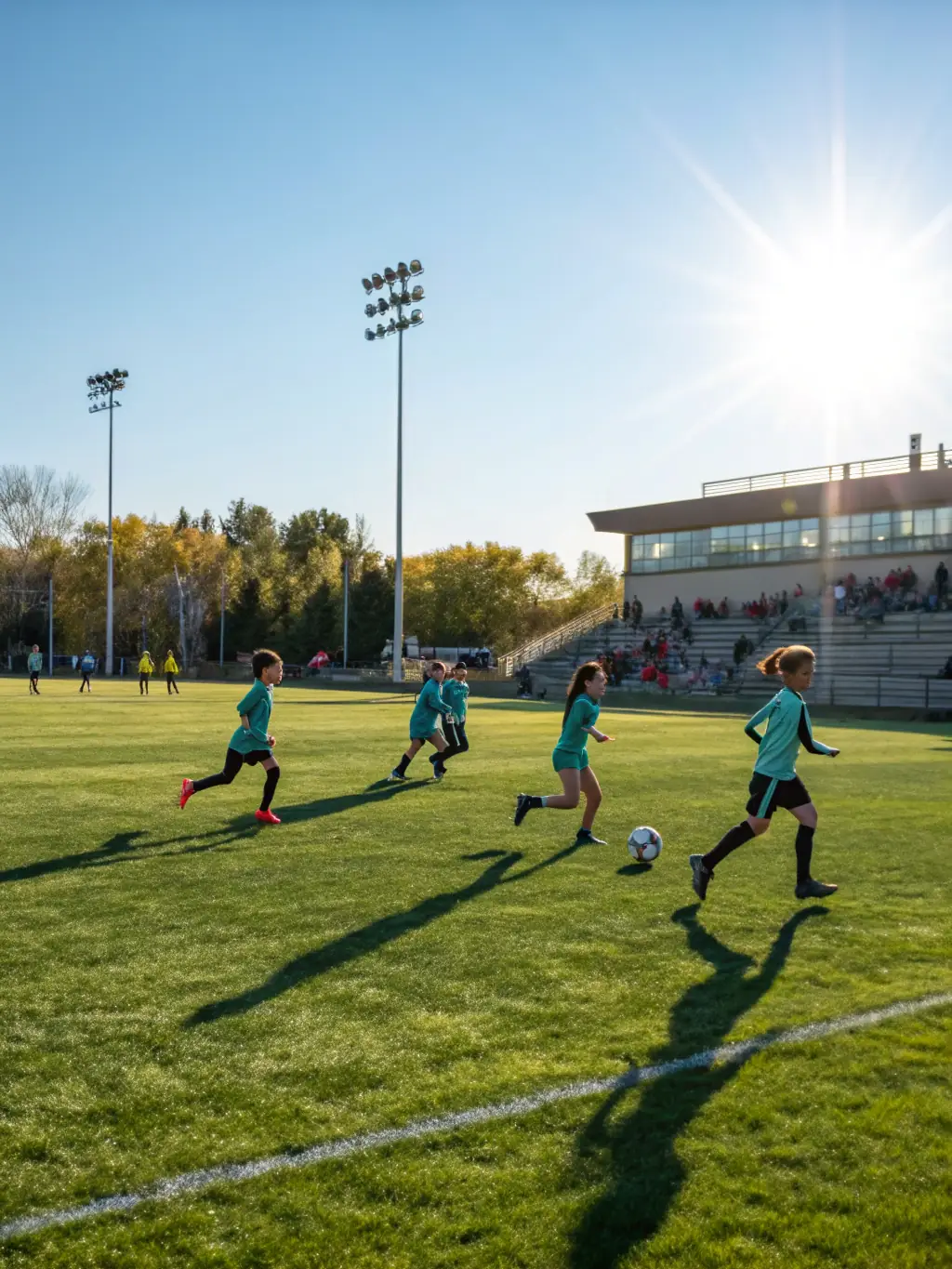 Students participating in a soccer match on a school field, demonstrating teamwork, agility, and sportsmanship.