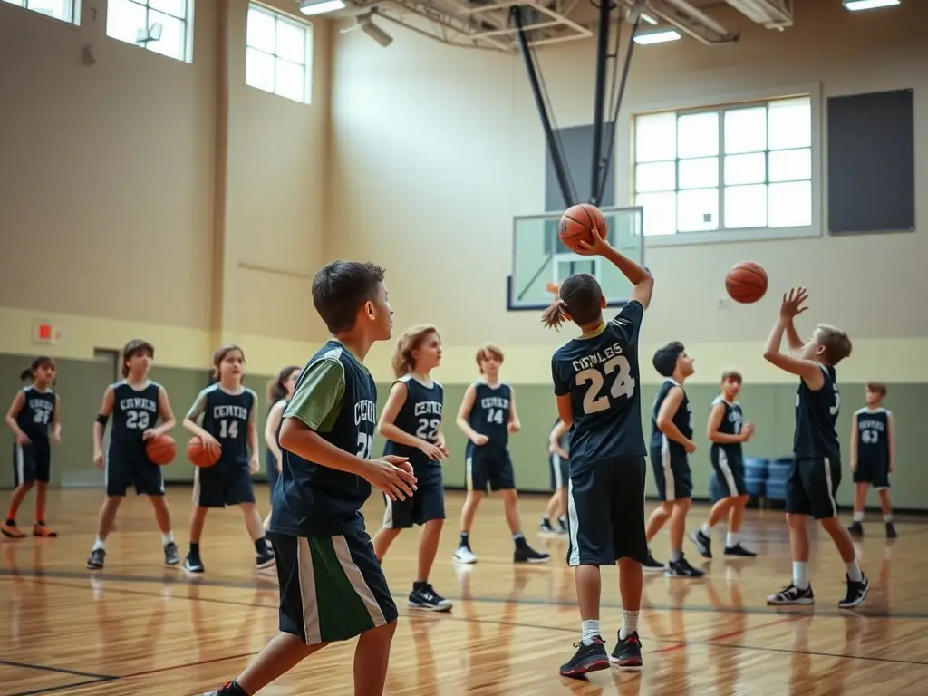 A group of students participating in a basketball training session at a school gymnasium, focusing on teamwork and skill development.